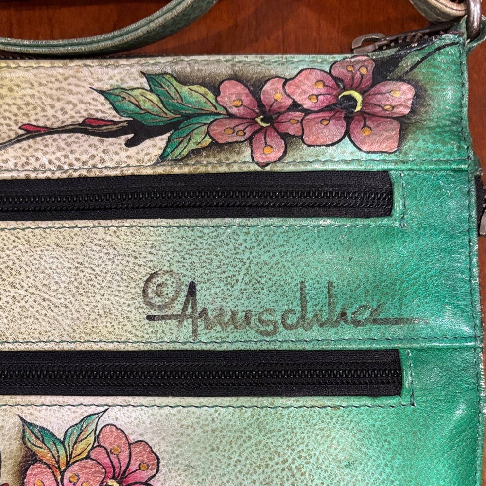 Anuschka Green Adjustable Crossbody Bag with Peacock and Floral‎ Art - Picture 2 of 16